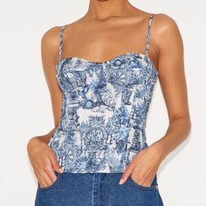 PrettyLittleThing Renaissance Print Structured Corset Top Blue White Size 12 NWT